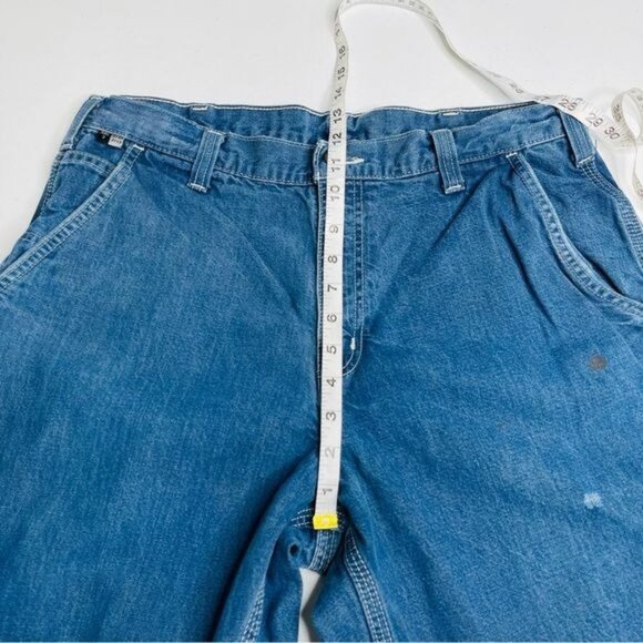 Carhartt Fire Resistant Carpenter Jeans Mens 34 Blue Workwear‎ Stained Rigid - Picture 6 of 11